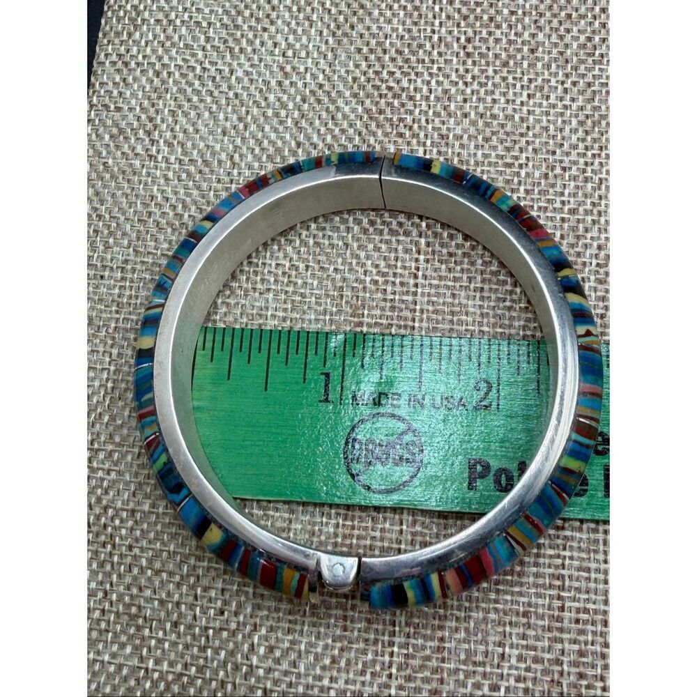 Jay King Sterling Silver Rainbow Calsilica Hinged Bangle Bracelet with Box - Picture 6 of 7